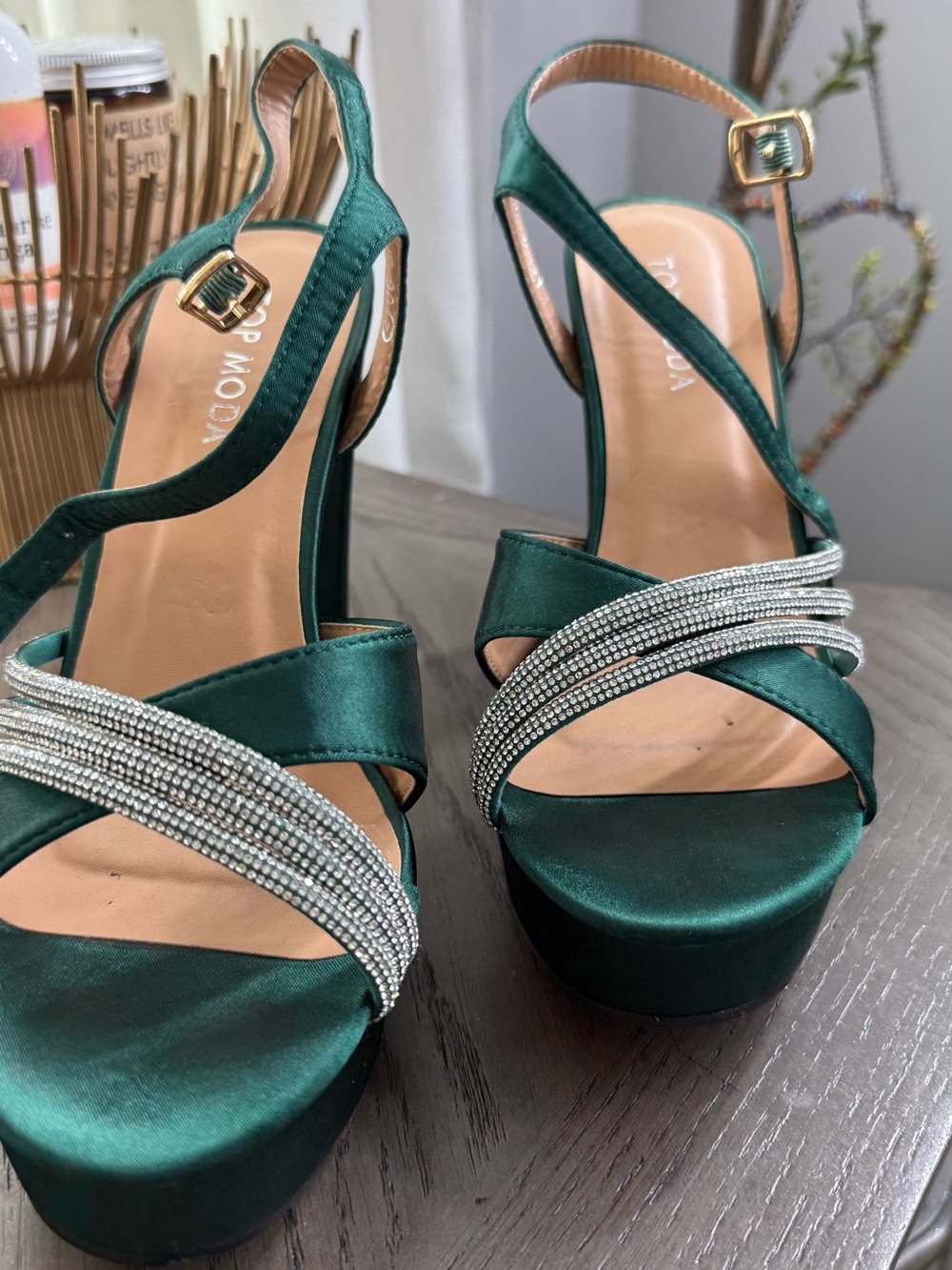 Used Top Moda Emerald Green Rhinestone Platform Heels - Picture 3 of 6